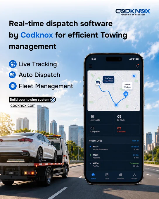 An infographic image with text "Real-time dispatch software by Codknox for efficient towing management.
• Live Tracking 
• Auto Dispatch
• Fleet Management"
