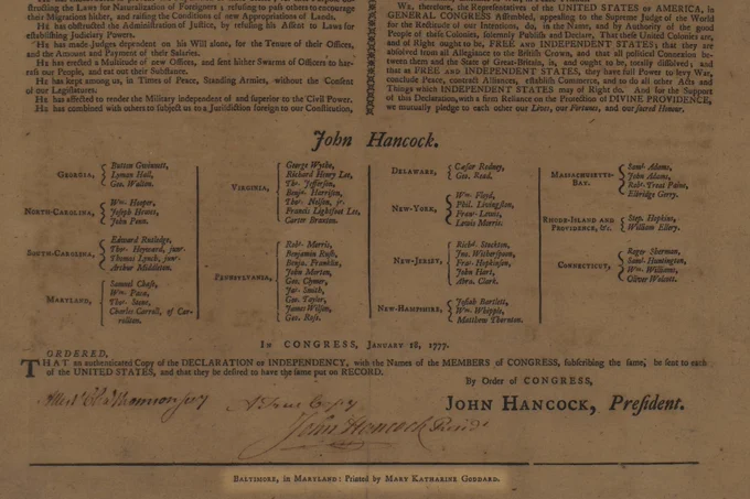 A cropped and zoomed-in image of the Goddard Declaration of Independence with Mary Katharine Goddard's name highlighted at the bottom