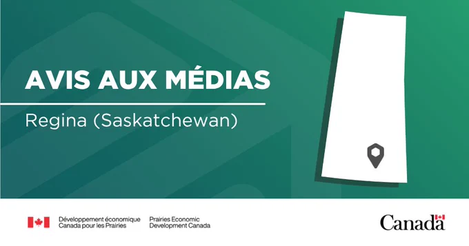 Illustration de la province du Saskatchewan avec un marqueur de localisation indiquant où se trouve Regina, accompagné du texte : « Avis aux médias; Regina (Saskatchewan) ».