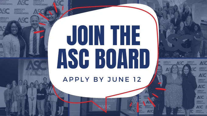 Collage of group photos with people standing together, featuring a central message in bold text: "Join the ASC Board. Apply by June 12." The background displays individuals in professional settings, with "ASC" logos visible in multiple images.