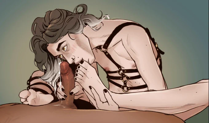 A modern version of Viktor licking his own toe whilst stroking S1!Jayce's cock 