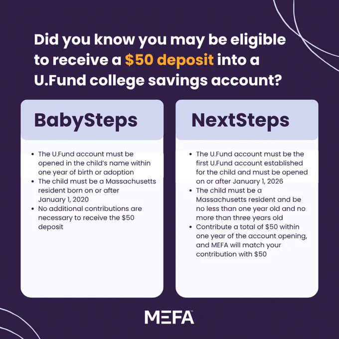 Informational flyer about eligibility for a $50 deposit into a U.Fund college savings account. Two sections: BabySteps and NextSteps. BabySteps specifies requirements for the UFund account, including opening soon after birth or adoption, and the child being a Massachusetts resident born on or after January 1, 2020. NextSteps outlines eligibility for a UFund account establishment by January 1, 2026, for a child under three years old who is a Massachusetts resident. MEFA logo at the bottom.