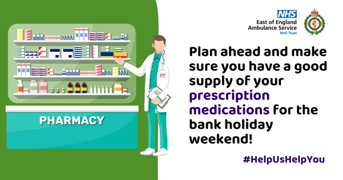 A health awareness graphic from NHS East of England Ambulance Service NHS Trust. On the left, a pharmacy counter with shelves filled with medicine boxes and bottles is shown, with a sign reading “PHARMACY.” In front of the shelves stands a healthcare professional in a uniform holding a clipboard and gesturing towards the medication shelves. On the right, bold text reads: “Plan ahead and make sure you have a good supply of your prescription medications for the bank holiday weekend!” The hashtag “#HelpUsHelpYou” appears at the bottom. The background is green and white, with NHS branding and logos at the top right.