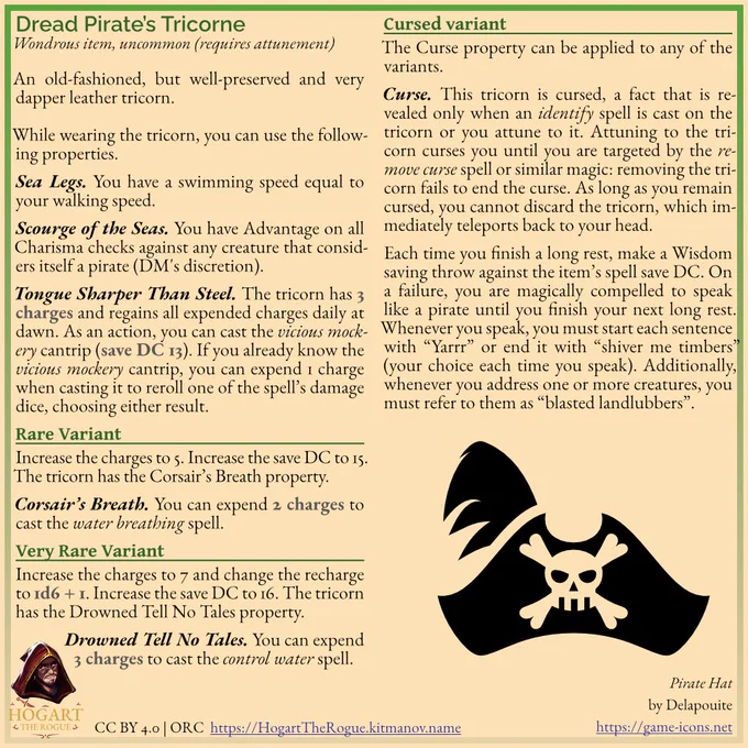 Dread Pirate's Tricorn, a 5e scalable magic item