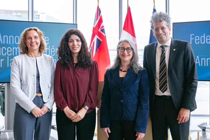 L-R: Valérie Laflamme, associate vice-president of the Social Sciences and Humanities Research Council (SSHRC); Zahra Shakeri, assistant professor in U of T's Dalla Lana School of Public Health; Leah Cowen, U of T's vice-president, research and innovation, and strategic initiatives; and Karim Bardeesy, parliamentary secretary to Canada's minister of industry (photo by Ania Potyrala)