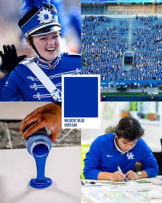 This collage features a person in a marching band uniform with a feathered hat, a large crowd at a sports stadium wearing blue, a container pouring bright blue paint and an individual in a UK Wildcats jacket writing at a desk. Placed in the middle is a Pantone paint chip identifying the Wildcat Blue "0033A0".
