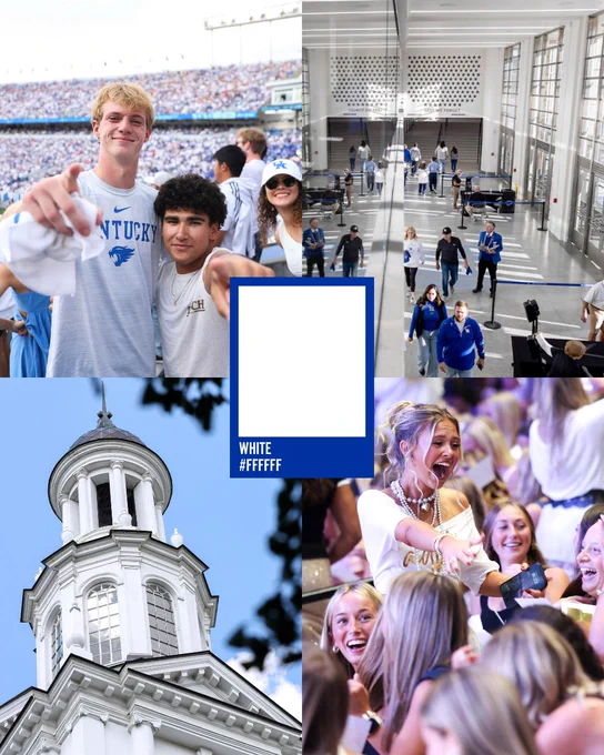 Collage of four images: Fans at a Kentucky stadium, wide image of people walking in Historical Memorial Coliseum before a game, the top of Memorial Hall against a blue sky, and a lively social gathering with smiling individuals. Placed in the middle is a Pantone paint chip identifying the Kentucky white "FFFFFF".