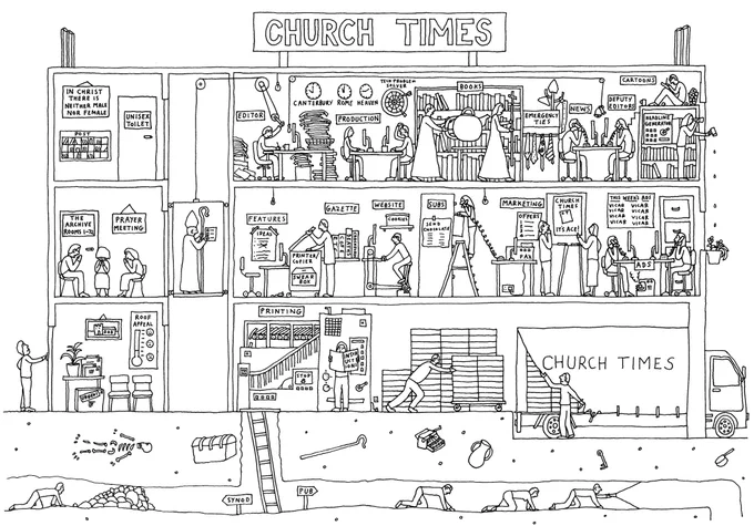 Cartoon of the Church Times offices, with diverse journalistic activities taking place