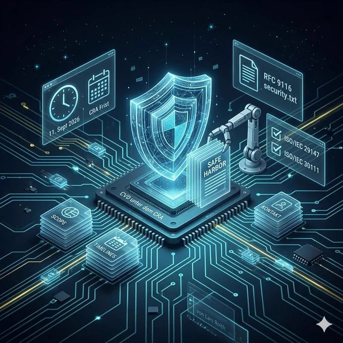 Futuristic cybersecurity illustration themed around the Cyber Resilience Act (CRA). At the center, a glowing holographic shield hovers above a microchip on a circuit-board-like surface, symbolizing digital product security and compliance. Surrounding the shield are floating interface panels displaying CRA-related concepts, including “CRA First” with the date “11. Sept 2026,” “RFC 9116 security.txt,” ISO/IEC 29147 and ISO/IEC 30111 standards, “Safe Harbor,” “Scope,” “Timelines,” and “Kontakt.” A robotic arm interacts with digital documents near the shield, reinforcing themes of automation and secure vulnerability handling. The image uses neon blue and cyan tones on a dark tech-inspired background with interconnected electronic traces, creating a modern, high-tech atmosphere focused on cybersecurity, coordinated vulnerability disclosure, and regulatory readiness.

