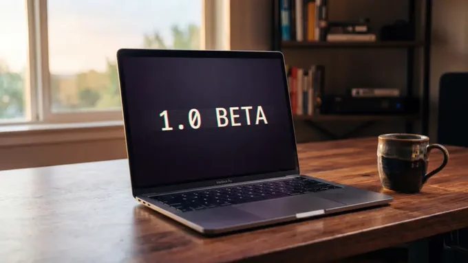A laptop on a wooden desk in morning light, screen displaying "1.0 BETA" in glitched text, open window in the background.