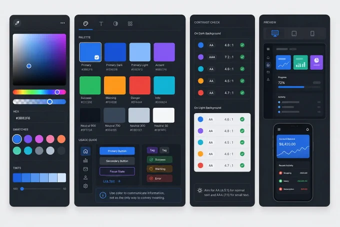 Panel de diseño de interfaz moderna en modo oscuro con gestión de colores, validación de accesibilidad AA/AAA y previsualización responsive para desktop y móvil.
