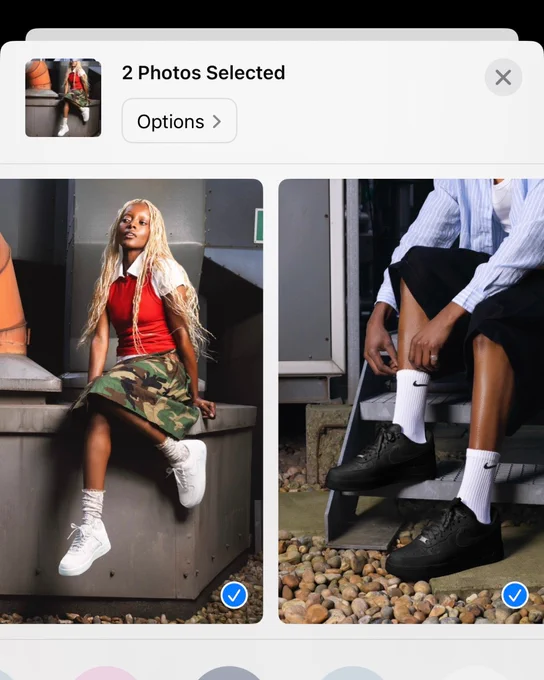 An image showing a screenshot of a camera roll with two images selected of people wearing pairs of Nike Air Froce 1 trainers.