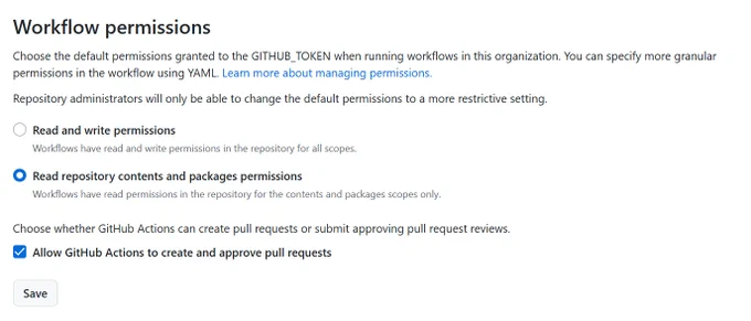 Workflow permissions setting screen in GitHub with "Read repository contents and packages permissions" selected rather than "Read and write permissions"
