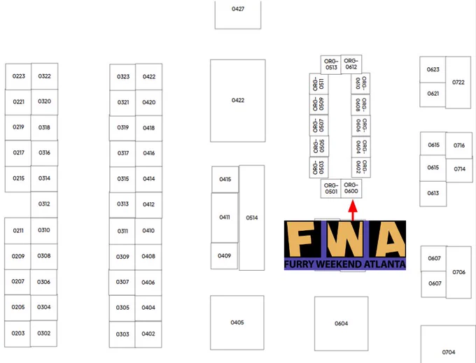 Booth layout for Furry Weekend Atlanta, with booth numbers and an FWA logo prominently displayed. This diagram helps attendees navigate the event space.