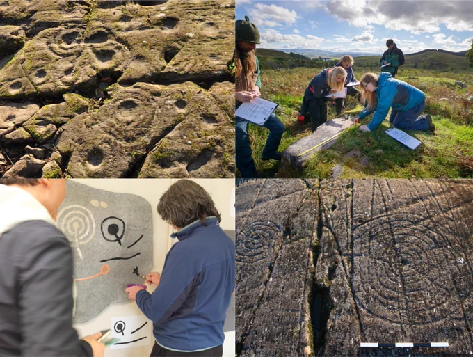 Clockwise from top left: Arrangement of ‘flower’ motifs at High Grange © Joana Valdez-Tullett; ScRAP rock art recording training at Port of Menteith, Stirling in 2018 © HES; Circular carvings at Achnabrek, Kilmartin, image by ScRAP © HES; Creating rock art with the Faifley community, part of the FaifleyRocks! project © Tertia Barnett