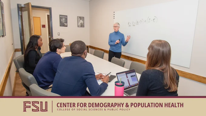 Promotional graphic for the Master of Science in Demography (MSD) program. To learn more about our MSD program, visit cosspp.fsu.edu/popcenter/prospective-students/masters-program
