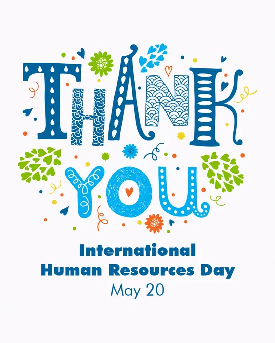 Colourful decorative lettering spelling 'THANK YOU' surrounded by leaves and flowers, with text below reading International Human Resources Day May 20.
