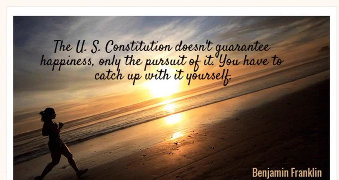 The U.S. Constitution doesn't guarantee happines, only the pursuit of it. You have to catch up with it yourself.  - Benjamin Franklin