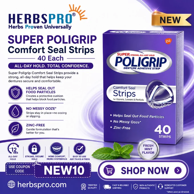 HerbsPro Super Poligrip Comfort Seal Strips — 40 strips, all-day hold, seals out food particles, zinc-free, fresh mint.