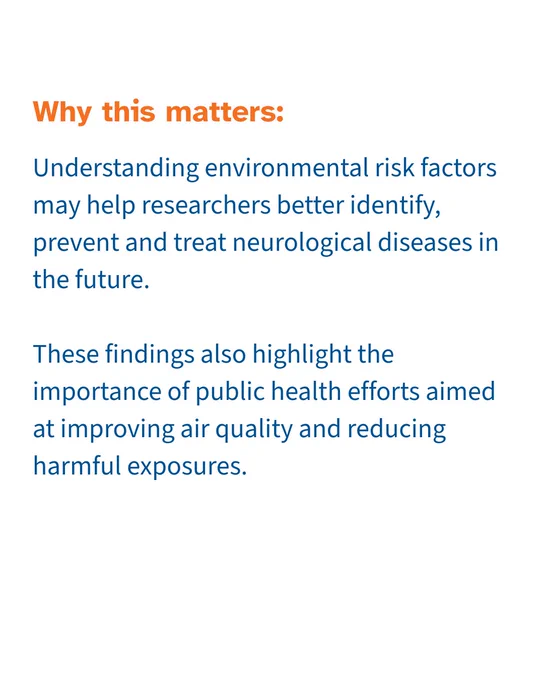 Why this matters. Understanding environmental risk factors may help researchers better identify, prevent and treat neurological diseases in the future. These findings also highlight the importance of public health efforts aimed at improving air quality and reducing harmful exposures. 