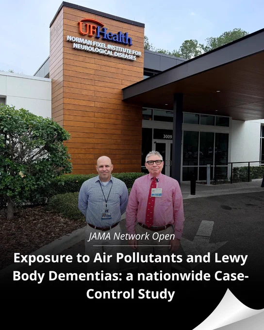 Drs. Davydow and Pontone stand outside of the Fixel Institute clinic. Text overlay states "JAMA Network Open""Exposure to air pollutants and lewy body dementias: a nationwide case-control study."