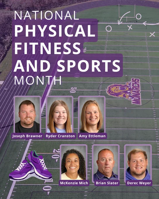 Aerial view of a sports field with the Denison logo and a National Physical Fitness and Sports Month banner featuring six individuals' photos and names.