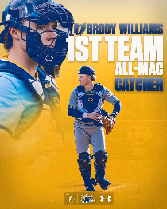 Kent State baseball graphic announcing Brody Williams as 1st Team All-MAC Catcher. The design features a large background portrait of him wearing a navy catcher's mask and gold-and-blue gear, overlaid with an action shot of him walking on the field in full catcher's equipment including chest protector, shin guards, and a brown glove, with a "#BiteDown" patch visible on his gear. Bold white and gold text displays the honor against a warm gold background, with MAC, Kent State, and Under Armour logos along the bottom.