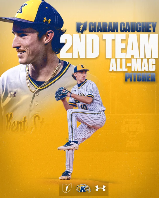 Kent State baseball graphic announcing Ciaran Caughey as 2nd Team All-MAC Pitcher. The design features a large background portrait of him smiling in profile wearing a blue-and-gold Kent State cap and gold jersey with a gold chain, overlaid with an action shot of him in a white pinstriped #10 jersey mid-windup with his leg raised and a blue glove on his pitching hand. Bold white and gold text displays the honor against a warm gold background, with MAC, Kent State, and Under Armour logos along the bottom.