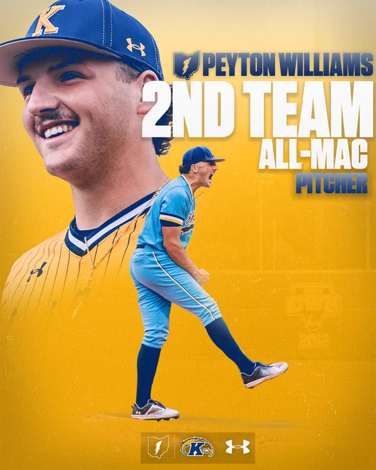 Kent State baseball graphic announcing Peyton Williams as 2nd Team All-MAC Pitcher. The design features a large background portrait of him smiling in a gold pinstriped Kent State jersey and blue cap with the gold "K" logo, overlaid with an action shot of him in a light blue Kent State jersey celebrating with a fist pump and an intense yell. Bold white and gold text displays the honor against a warm gold background, with MAC, Kent State, and Under Armour logos along the bottom.
