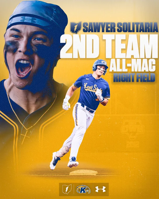Kent State baseball graphic announcing Sawyer Solitaria as 2nd Team All-MAC Right Field. The design features a large background portrait of him yelling with eye black on his cheeks, wearing a blue headband and gold chain, overlaid with an action shot of him rounding a base in a navy Kent State jersey, white pants, and a blue batting helmet with batting gloves on. Bold white and gold text displays the honor against a warm gold background, with MAC, Kent State, and Under Armour logos along the bottom.