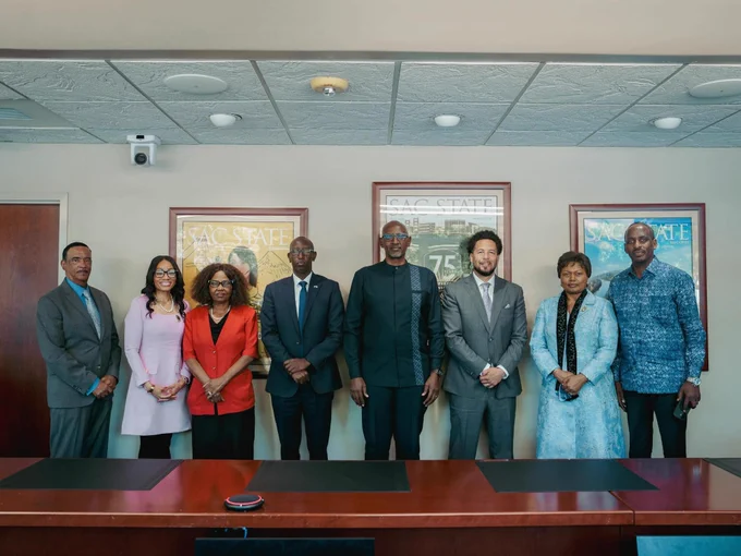 L–R: Dr. Eric Gravenberger, Strategic Advisor to President Wood; Dr. Aniesha Mitchell, Vice President for Student Affairs at Sacramento State University; Dr. Boatamo Ati Mosupyoe, Dean of the Black Honors College at Sacramento State University; Charles Ntageruka, Second Counselor in charge of Higher Education at the Embassy of Rwanda in Washington, D.C.; Dr. Joseph Nsengimana, Rwanda’s Minister of Education; Dr. Luke Wood, President of Sacramento State University; Ambassador Mathilde Mukantabana, Ambassador of Rwanda to the United States; and Dr. Aggée Shyaka Mugabe, Senior Lecturer and Researcher at the University of Rwanda.