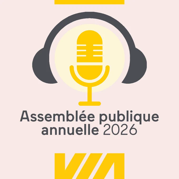 Illustration faisant la promotion de l'Assemblée publique annuelle 2026 de VIA Rail, représentant un micro jaune avec un casque audio gris.