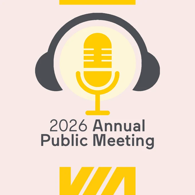 Illustration promoting VIA Rail's 2026 Annual Public Meeting, featuring a yellow microphone with grey headphones.