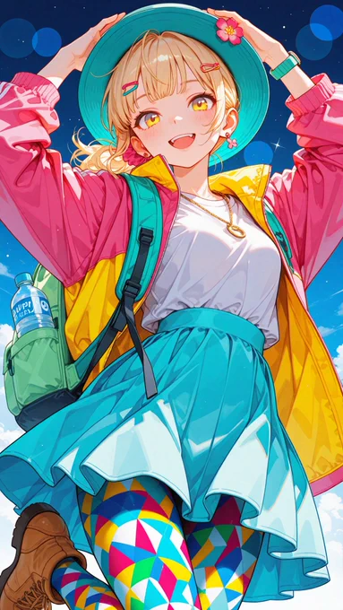 aqua wide-brimmed hat with a pink floral ornament, two-sided fabric mountain jacket, pink and yellow jacket, long sleeves, open jacket, light purple t-shirt under jacket, rolling sleeves up, jacket over skirt, light green medium-sized backpack with a water bottle in the side pocket, light blue mountain skirt, miniskirt, flare skirt, multicolored pantyhose, geometrical pattern pantyhose, light brown hiking boots with red bootlace, sports wristwatch, 

所持品が要らない場合は、light green medium-sized backpack with a water bottle in the side pocket, sports wristwatch, を消してください