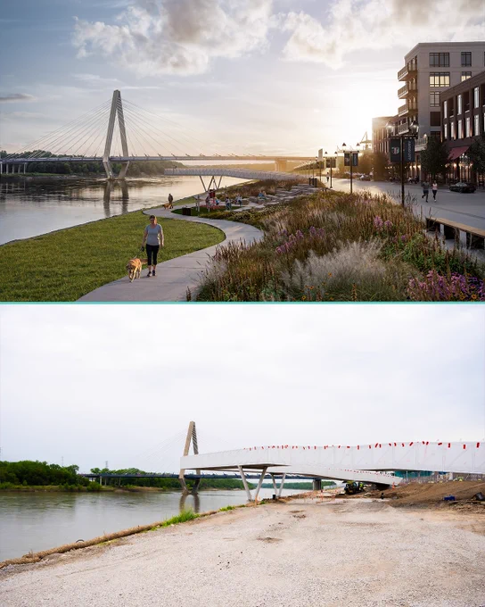 Founders park rendering with a current day progress photo