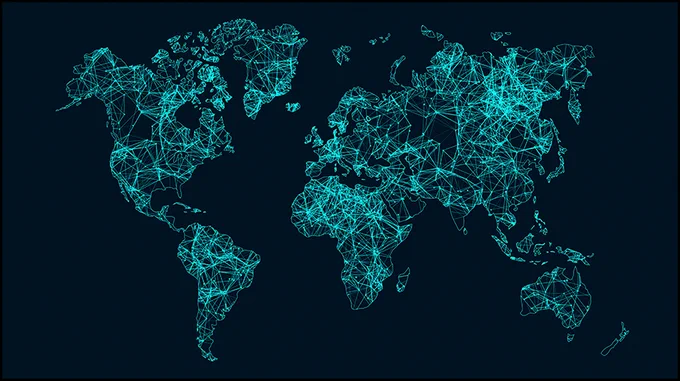 The world map comprised of interconnected blue lines.