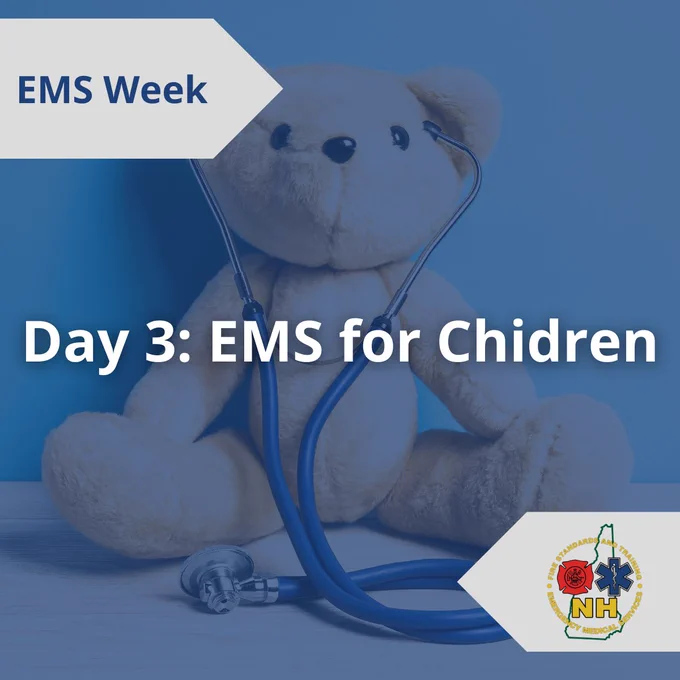 Flyer promoting Day 3 EMS for Children of EMS Week. Background image is a teddy bear wearing a stethoscope.