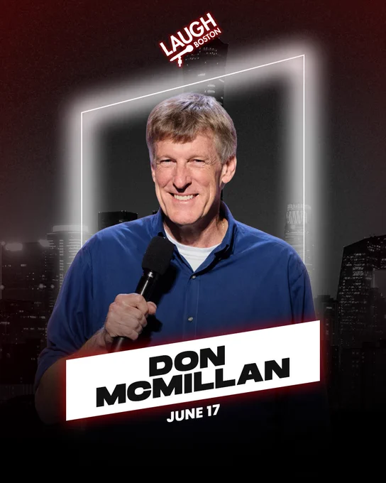 Comedian at Laugh Boston holding a microphone, advertising a comedy event on June 17. The mood is light-hearted and entertaining.