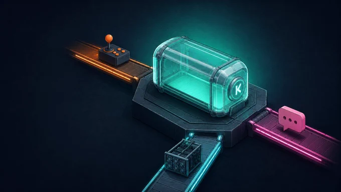 Isometric illustration of a single Kaspa transaction depicted as a glowing capsule on a dark hex block, with three small icons — an arcade joystick, a mining rig, and a chat bubble — being loaded into it from three differently-colored conveyors, representing three uses of TX payloads.