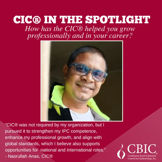 A red poster spotlighting Nasrullah Anas, CIC, an adult with short black hair wearing a black blazer with a neon yellow collar over a white t-shirt. They are wearing glasses and smiling. Nasrullah's response to the question, "How has the CIC helped you grow professionally and in your career" is shown.