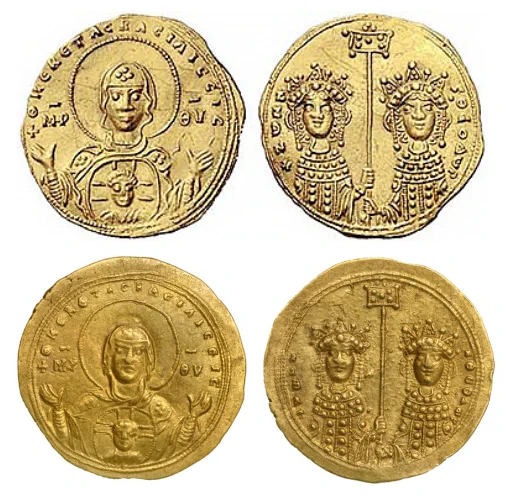 Zoé et Théodora (20 avril-11 juin 1042) (faux du marché) et 12b exemplaire réputé authentique de Dumbarton Oaks (DOC, t. 3/2, p. 732, n° 1, Robert Hecht, 1956)