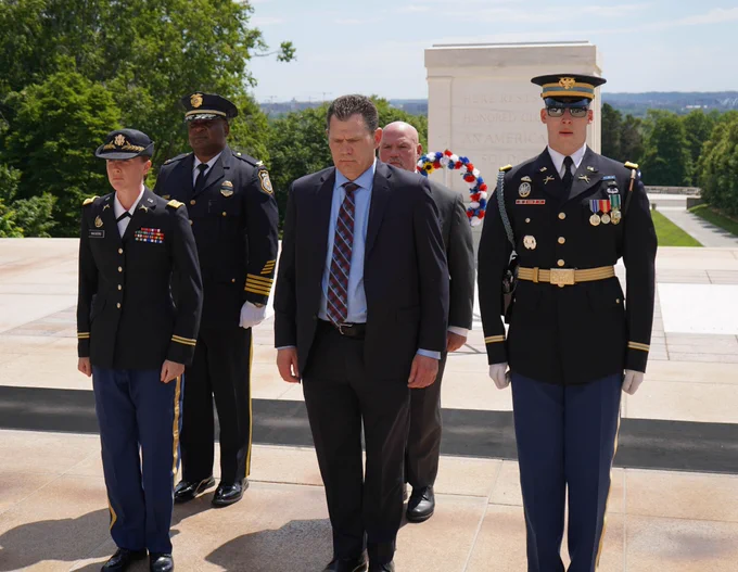 Special Agent-in-Charge Jacob Cameron and Assistant Special Agent-in-Charge Aaron Battleman from the Army CID Washington Field Office alongside the Fort Myer Directorate of Emergency Services Chief and Military Director participated in a solemn wreath-laying ceremony at the Tomb of the Unknown Soldier in Arlington National Cemetery.
