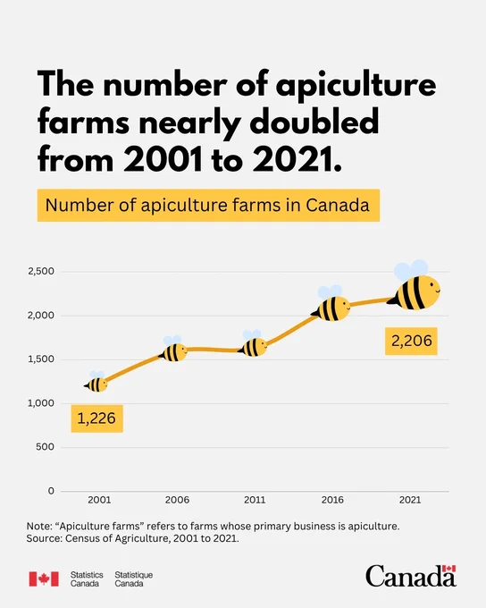 The number of apiculture farms nearly doubled from 2001 to 2021. A line graph shows the number of apiculture farms in Canada steadily increasing every five years, from 1,226 in 2001 to 2,206 in 2021. Note: “Apiculture farms” refers to farms whose primary business is apiculture. Source: Census of Agriculture, 2006 to 2021.