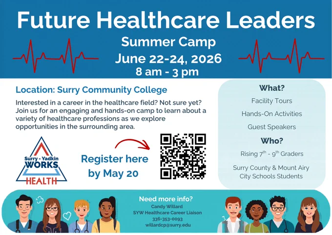 Flyer for Future Healthcare Leaders Summer Camp, June 22–24, 2026, 8 AM–3 PM at Surry Community College. Open to rising 7th–9th graders from Surry County & Mount Airy City Schools. Register by May 20. Contact Candy Willard at 336-353-0093 or willardcp@surry.edu." 