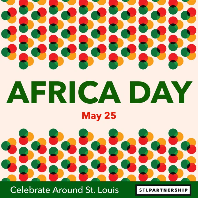 
 Colorful overlapping circles in red, green, and yellow frame bold text announcing Africa Day on May 25.