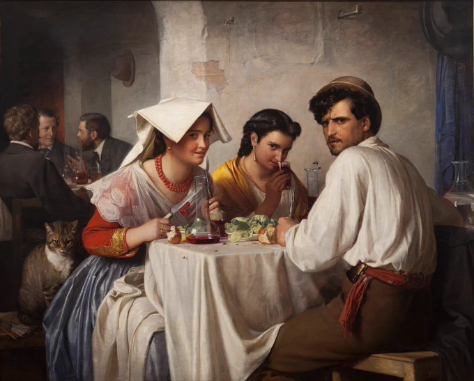 في حانة رومانية— In a Roman Osteria

الفنان: كارل بلوخ— Carl Bloch
رسمت عام 1866