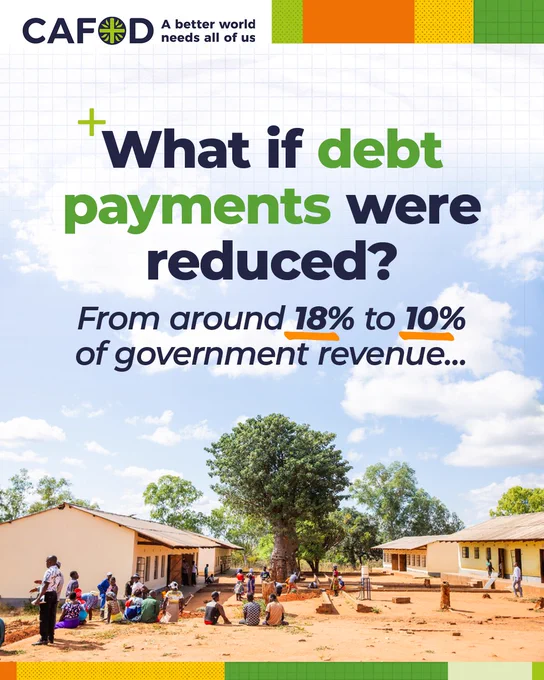A graphic featuring a photo of a school building.

The text says:

"What if debt payments were reduced?

From around 18% to 10% of government revenue..." 
