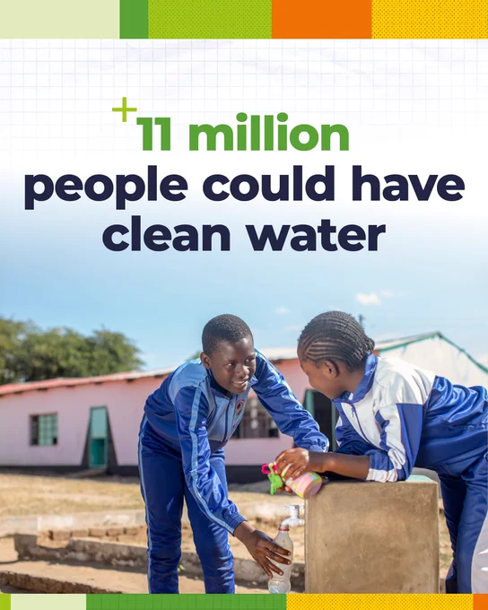 A photo showing two boys pouring water from a well into bottles.

"11 million people could have clean water." 