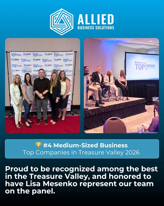 Allied Business Solutions is recognized as a top company in Treasure Valley 2026. The image features their team with one member participating in a panel discussion.