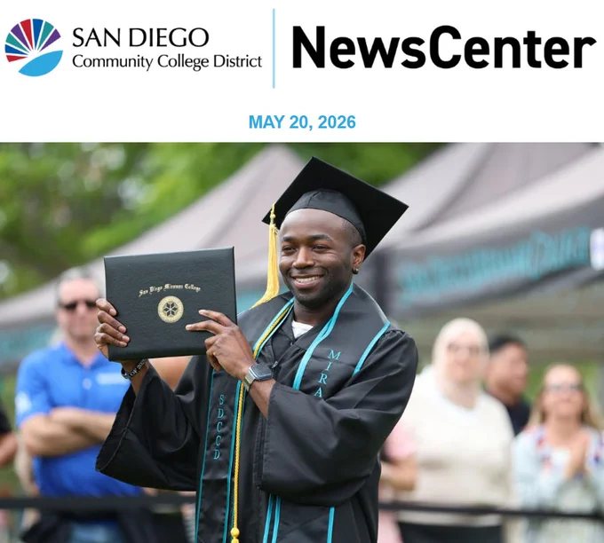 District logo. newscenter header. A graduate holds up his degree. 